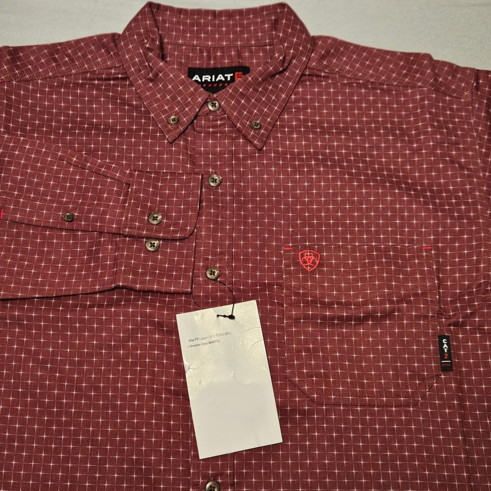 Ariat FR Logan Work Shirt Mens Large Burgundy Grid Flame Resistant CAT 2 LS